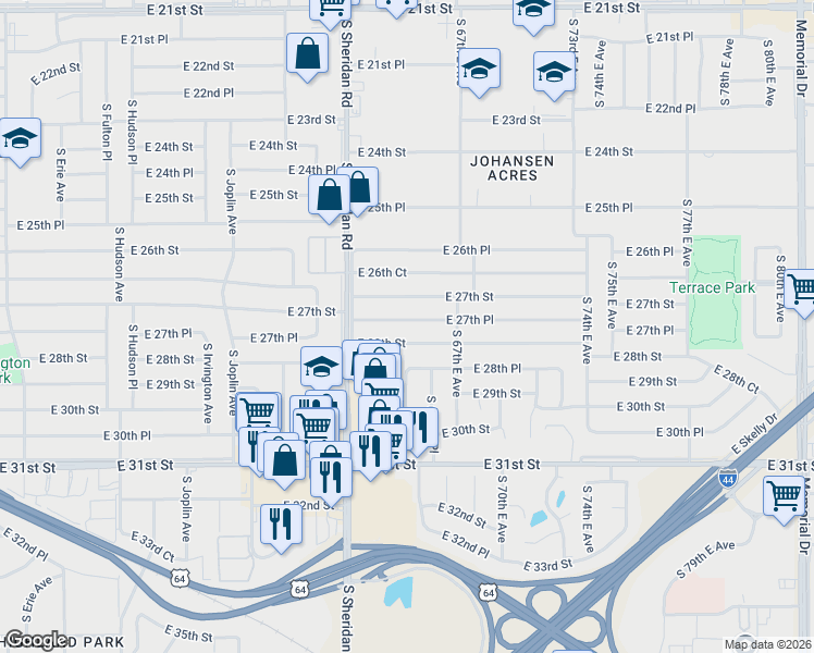 map of restaurants, bars, coffee shops, grocery stores, and more near 6545 East 28th Street in Tulsa