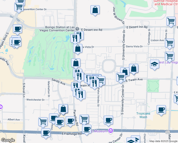 map of restaurants, bars, coffee shops, grocery stores, and more near 520 Elm Drive in Las Vegas