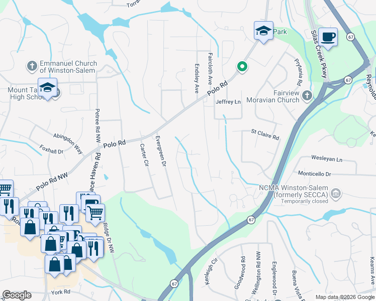 map of restaurants, bars, coffee shops, grocery stores, and more near 3300 Grouse Hollow Court Northwest in Winston-Salem