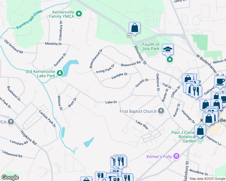 map of restaurants, bars, coffee shops, grocery stores, and more near 1010 Branchwood Drive in Kernersville