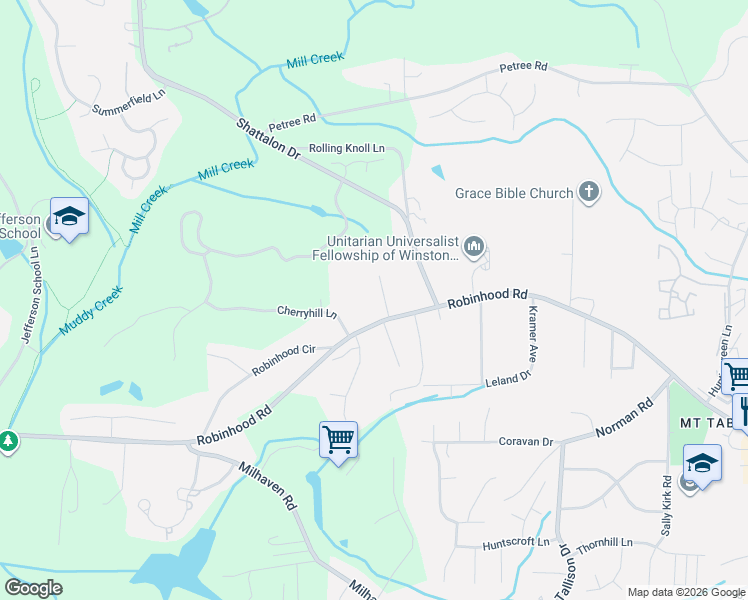 map of restaurants, bars, coffee shops, grocery stores, and more near 110 Breeze Hill Road in Winston-Salem