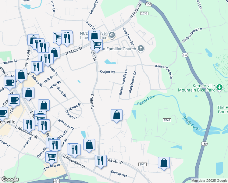 map of restaurants, bars, coffee shops, grocery stores, and more near 401 Tar Heel Lane in Kernersville