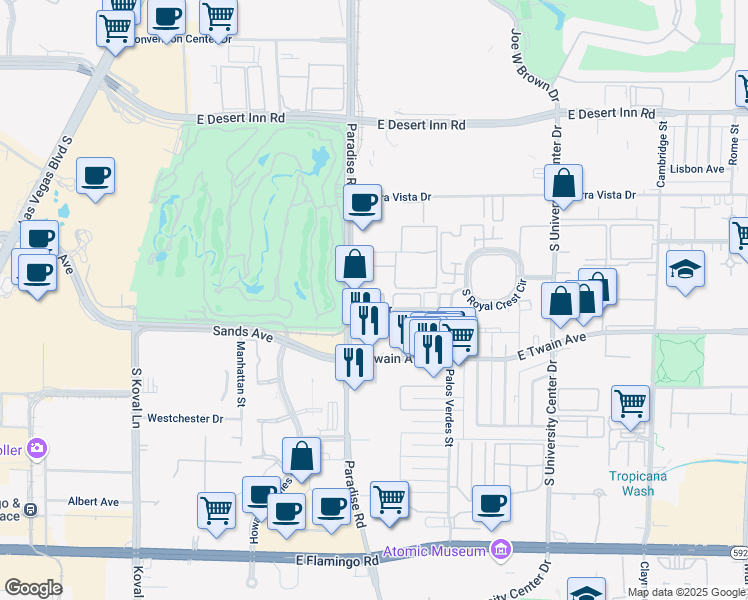 map of restaurants, bars, coffee shops, grocery stores, and more near 460 Elm Drive in Las Vegas