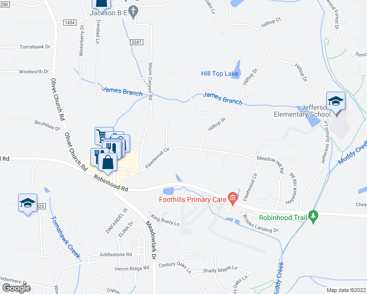 map of restaurants, bars, coffee shops, grocery stores, and more near Fleetwood Circle in Winston-Salem