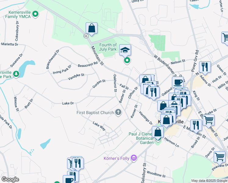 map of restaurants, bars, coffee shops, grocery stores, and more near 607 Oakhurst Street in Kernersville