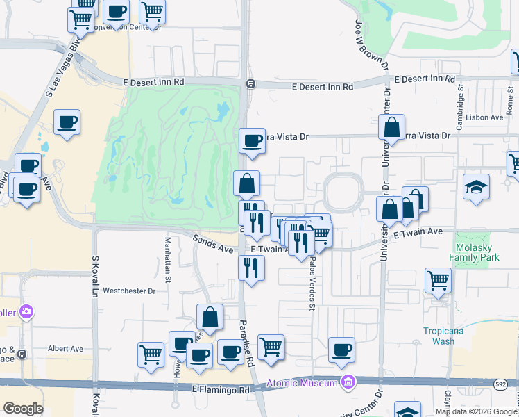 map of restaurants, bars, coffee shops, grocery stores, and more near 480 Elm Drive in Las Vegas
