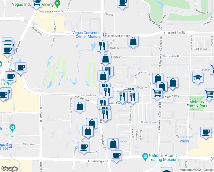map of restaurants, bars, coffee shops, grocery stores, and more near 480 Elm Drive in Las Vegas