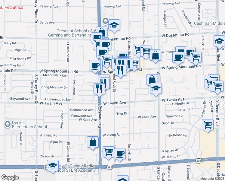map of restaurants, bars, coffee shops, grocery stores, and more near 3626 Red Rock Street in Las Vegas