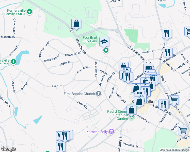 map of restaurants, bars, coffee shops, grocery stores, and more near 607 Oakhurst Street in Kernersville