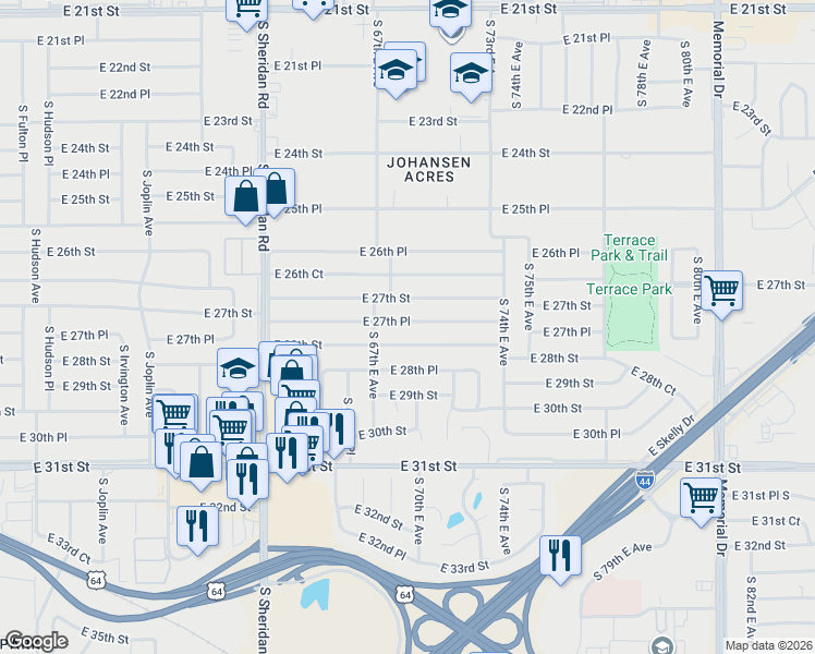 map of restaurants, bars, coffee shops, grocery stores, and more near 6713 East 28th Street in Tulsa