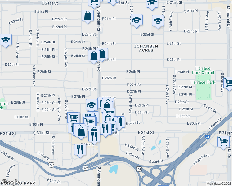 map of restaurants, bars, coffee shops, grocery stores, and more near 6545 East 28th Street in Tulsa