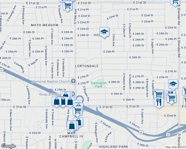 map of restaurants, bars, coffee shops, grocery stores, and more near 5155 East 27th Place in Tulsa