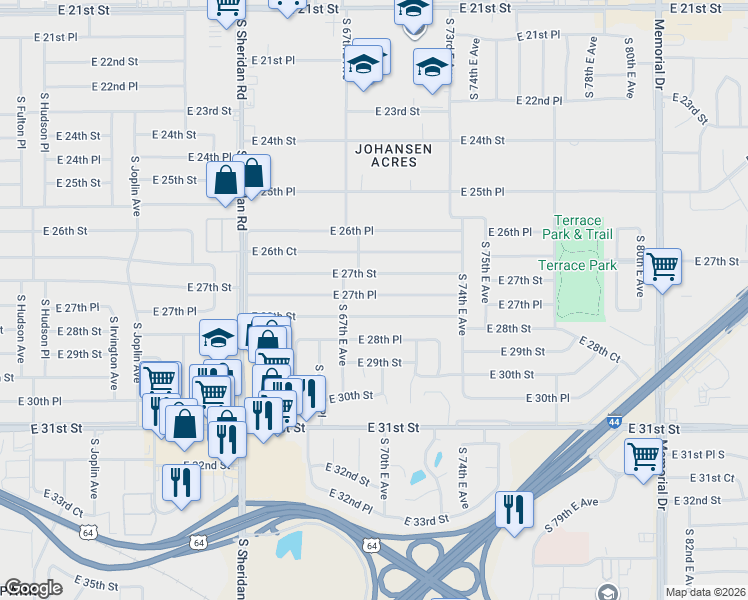 map of restaurants, bars, coffee shops, grocery stores, and more near 6713 East 28th Street in Tulsa