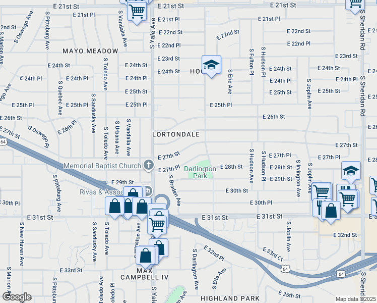 map of restaurants, bars, coffee shops, grocery stores, and more near 5155 East 27th Place in Tulsa