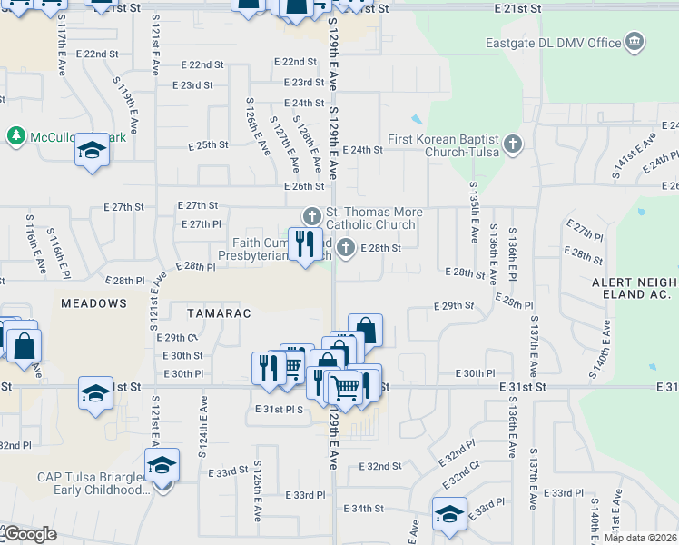 map of restaurants, bars, coffee shops, grocery stores, and more near 12903 East 28th Place in Tulsa