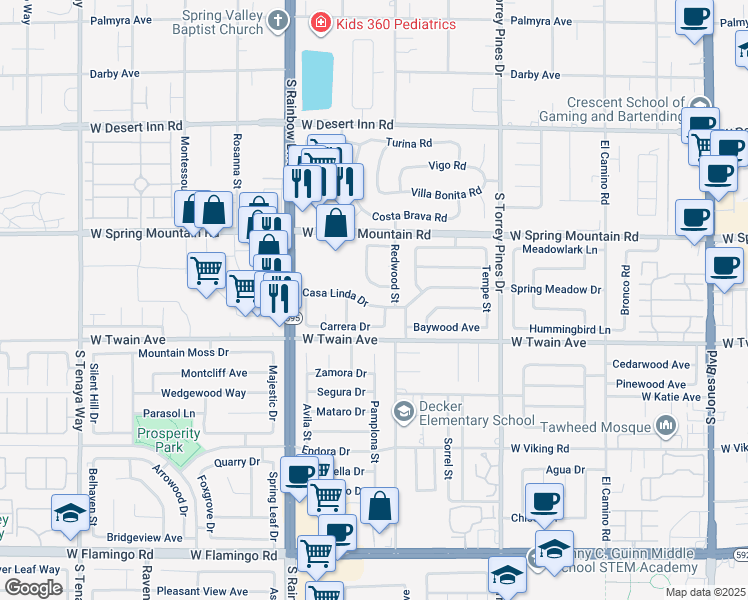 map of restaurants, bars, coffee shops, grocery stores, and more near 6738 Casa Linda Drive in Las Vegas