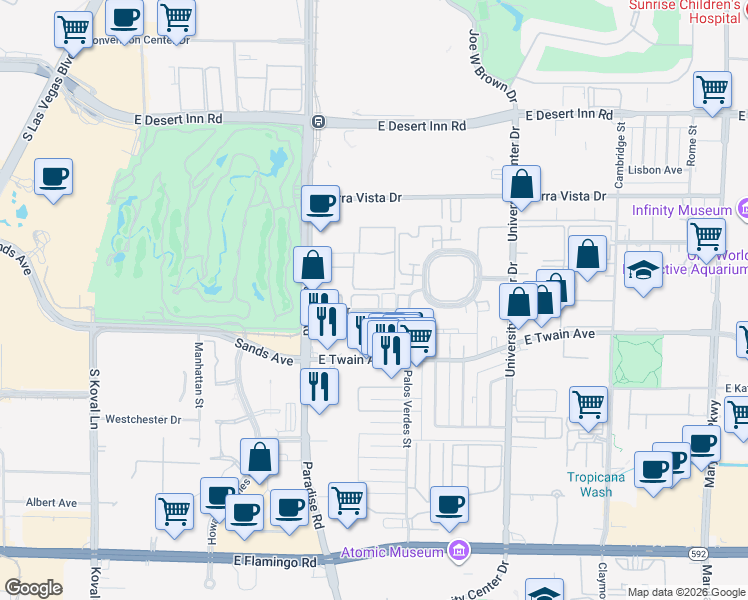 map of restaurants, bars, coffee shops, grocery stores, and more near 530 Elm Drive in Las Vegas