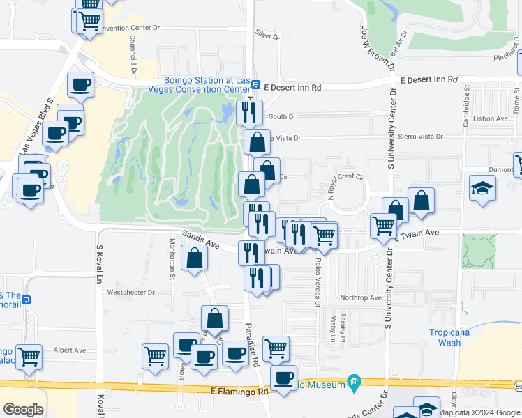 map of restaurants, bars, coffee shops, grocery stores, and more near 450 Elm Drive in Las Vegas