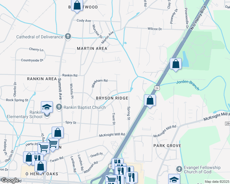 map of restaurants, bars, coffee shops, grocery stores, and more near 3305 Presley Way in Greensboro