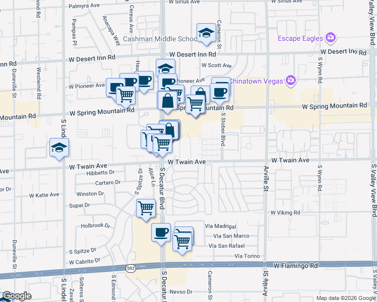 map of restaurants, bars, coffee shops, grocery stores, and more near 3655 Kolendo Court in Las Vegas