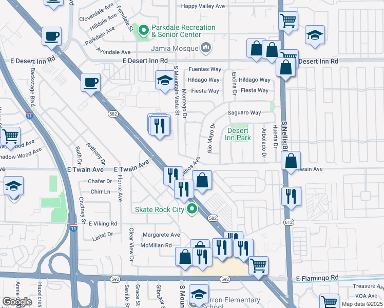 map of restaurants, bars, coffee shops, grocery stores, and more near 4650 East Twain Avenue in Las Vegas