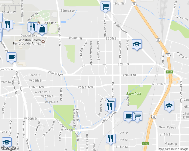 map of restaurants, bars, coffee shops, grocery stores, and more near Greenway Avenue Northwest in Winston-Salem
