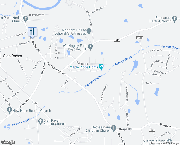 map of restaurants, bars, coffee shops, grocery stores, and more near 1152 Maple Ridge Drive in Burlington