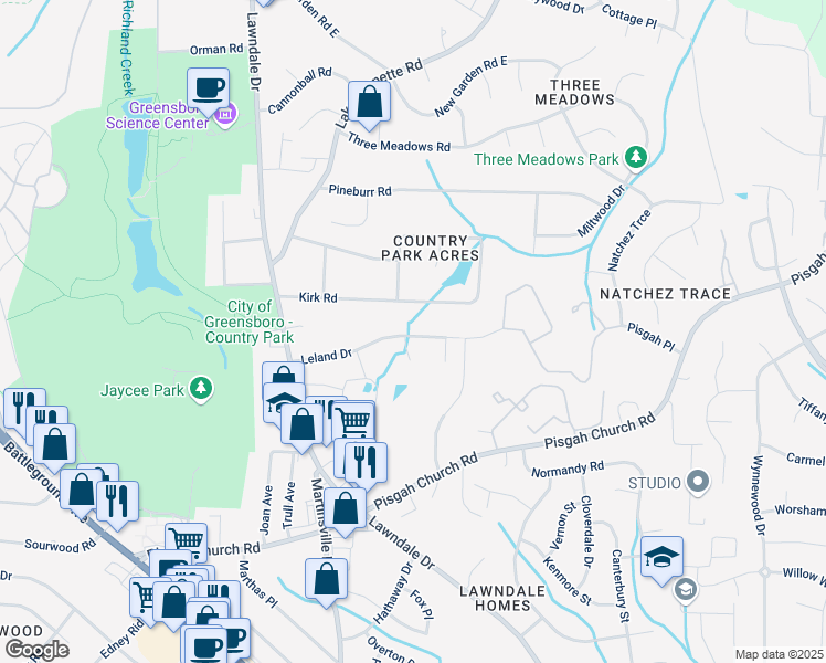 map of restaurants, bars, coffee shops, grocery stores, and more near 301 Leland Drive in Greensboro