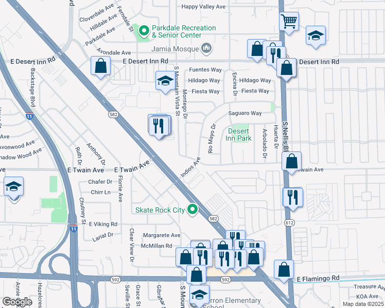 map of restaurants, bars, coffee shops, grocery stores, and more near 4650 East Twain Avenue in Las Vegas