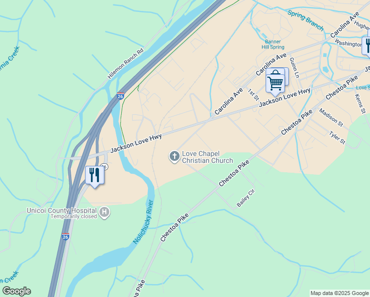 map of restaurants, bars, coffee shops, grocery stores, and more near 1324 Love Station Rd in Erwin