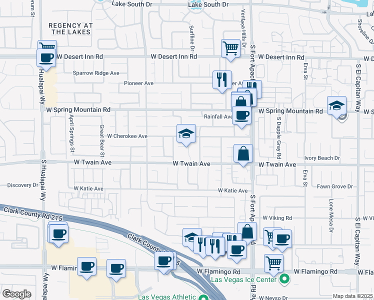 map of restaurants, bars, coffee shops, grocery stores, and more near 9620 West Twain Avenue in Las Vegas