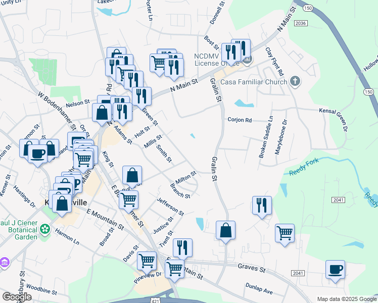 map of restaurants, bars, coffee shops, grocery stores, and more near 229 Green Street in Kernersville