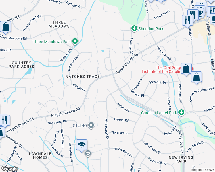 map of restaurants, bars, coffee shops, grocery stores, and more near 2006 Tiffany Place in Greensboro