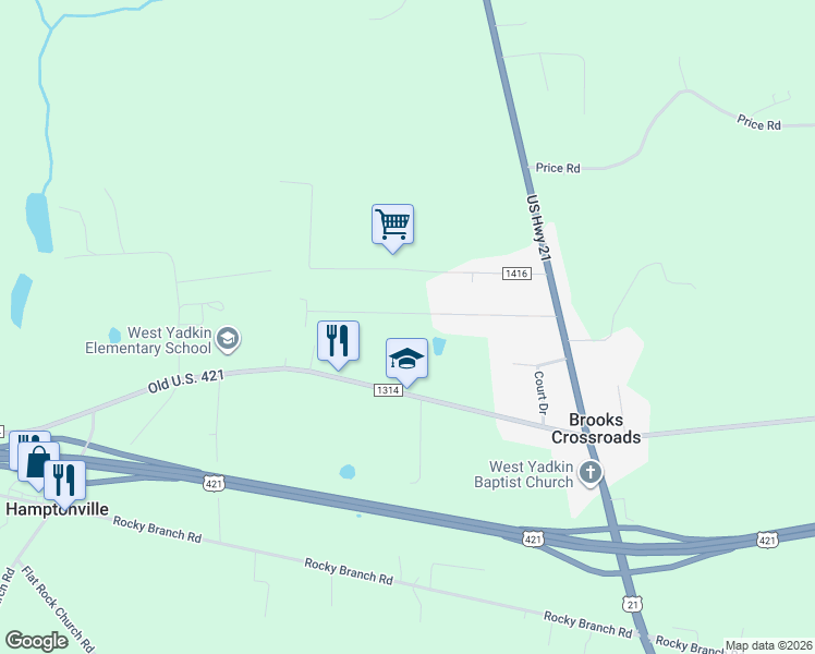 map of restaurants, bars, coffee shops, grocery stores, and more near 3647 Bray Road in Hamptonville