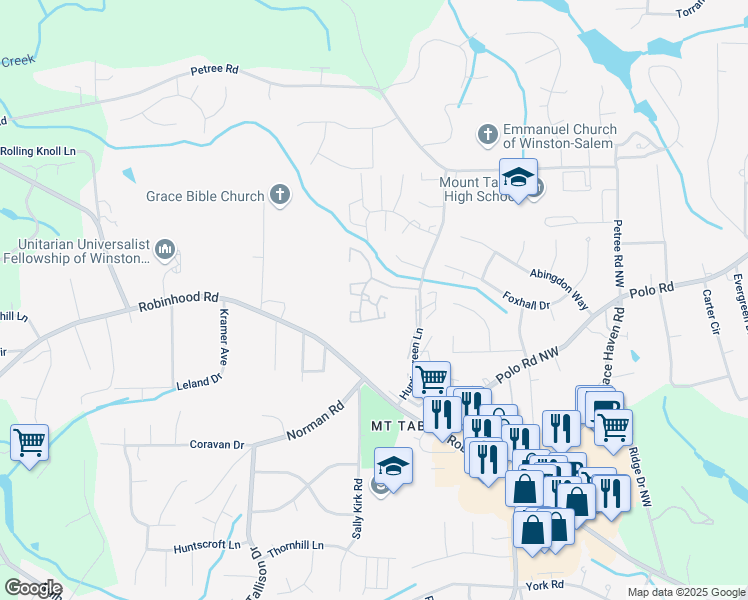 map of restaurants, bars, coffee shops, grocery stores, and more near 3650 Kings Court in Winston-Salem