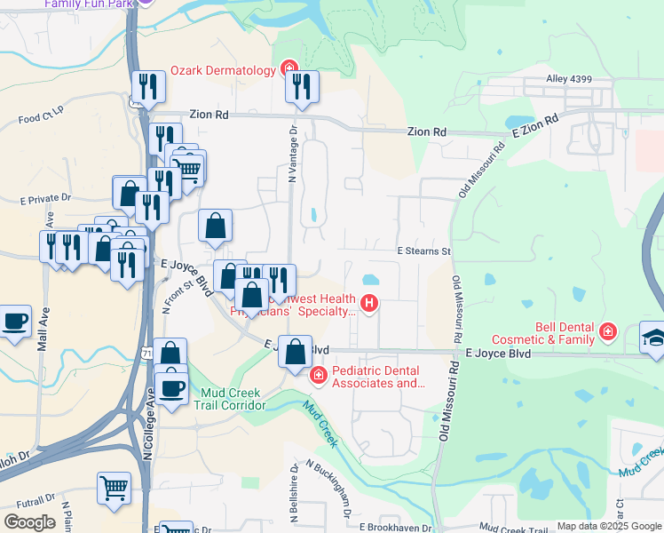 map of restaurants, bars, coffee shops, grocery stores, and more near 3950-3982 N Park Creek Dr in Fayetteville