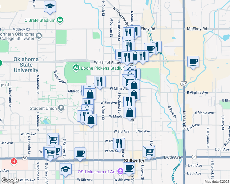 map of restaurants, bars, coffee shops, grocery stores, and more near 120 N3330 Road in Stillwater
