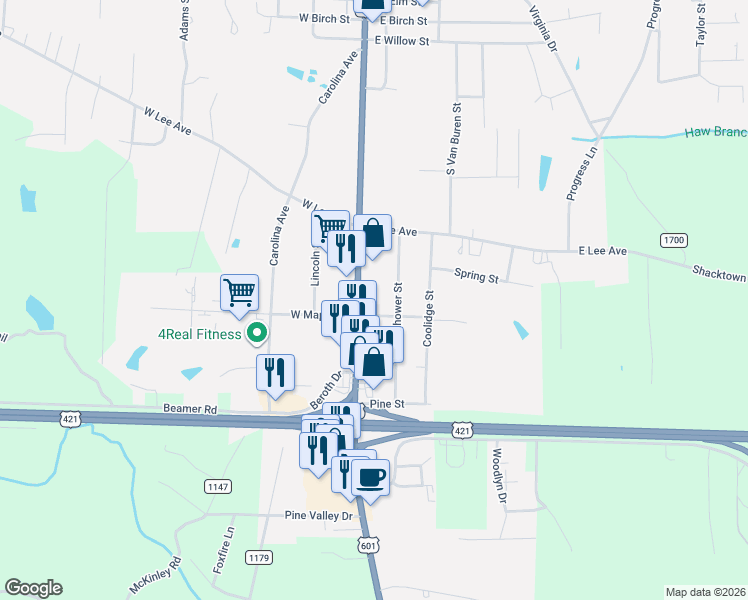 map of restaurants, bars, coffee shops, grocery stores, and more near 701 South State Street in Yadkinville