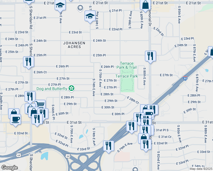 map of restaurants, bars, coffee shops, grocery stores, and more near 7516 East 27th Place in Tulsa