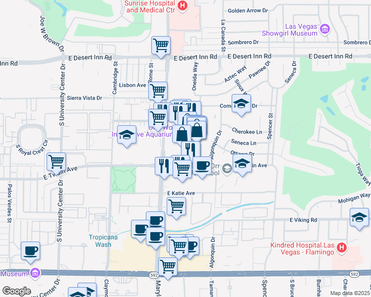 map of restaurants, bars, coffee shops, grocery stores, and more near 3528 South Maryland Parkway in Las Vegas