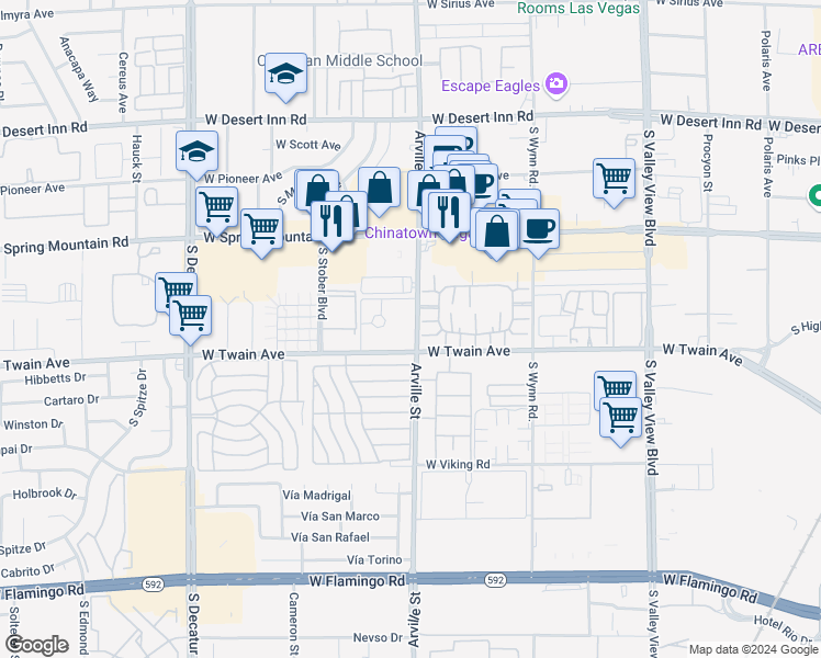 map of restaurants, bars, coffee shops, grocery stores, and more near 12 West Twain Avenue in Las Vegas