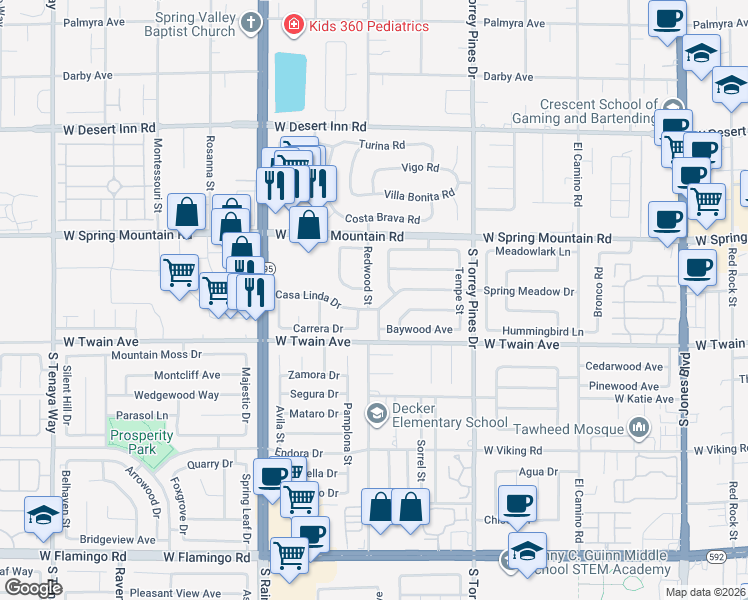 map of restaurants, bars, coffee shops, grocery stores, and more near 6675 Casa Linda Drive in Las Vegas