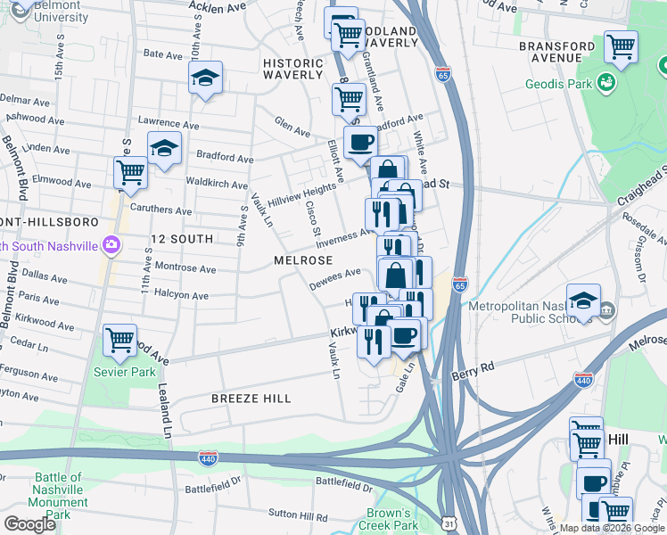 map of restaurants, bars, coffee shops, grocery stores, and more near 851 Dewees Avenue in Nashville