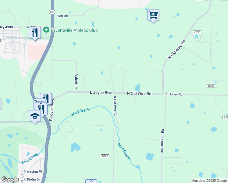 map of restaurants, bars, coffee shops, grocery stores, and more near 4005 County Road 87 in Fayetteville