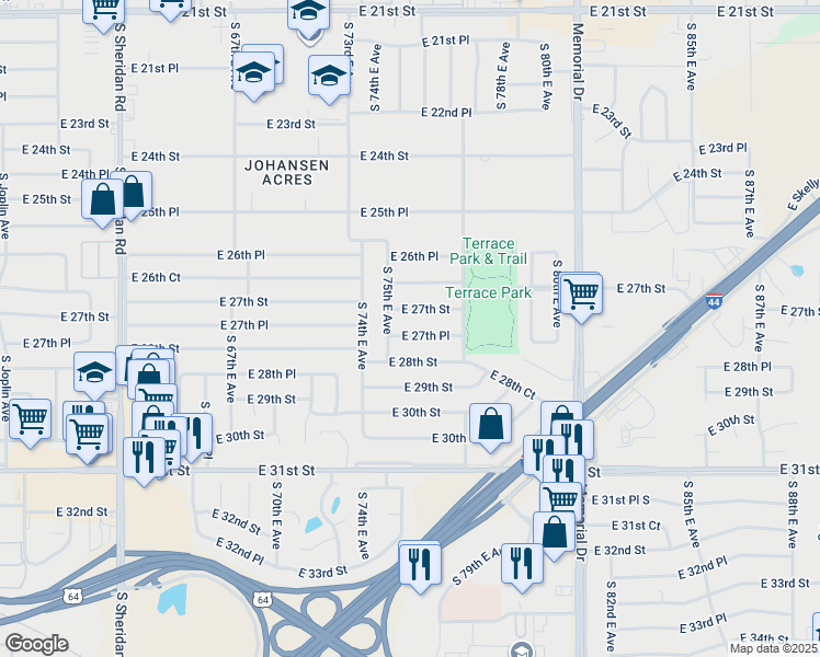 map of restaurants, bars, coffee shops, grocery stores, and more near 7516 East 27th Place in Tulsa