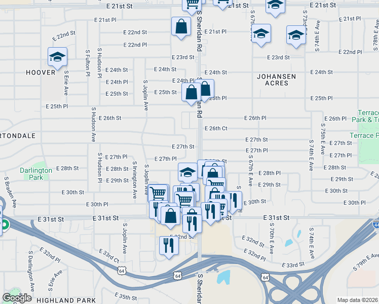 map of restaurants, bars, coffee shops, grocery stores, and more near 2717 South Norwood Avenue in Tulsa