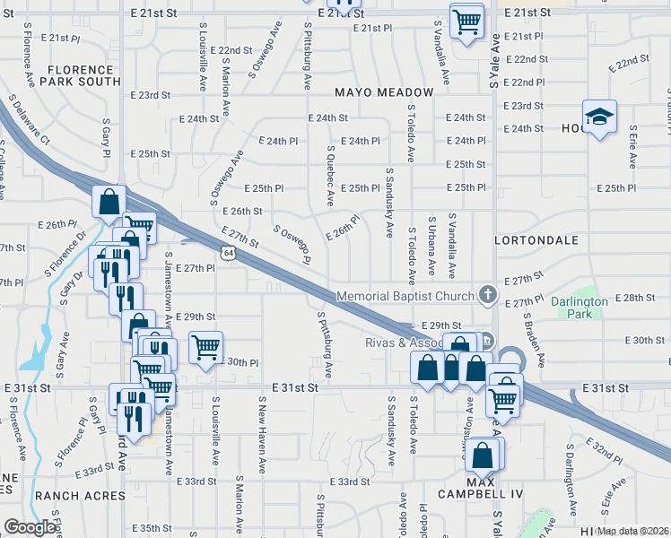 map of restaurants, bars, coffee shops, grocery stores, and more near 2676 South Quebec Avenue in Tulsa