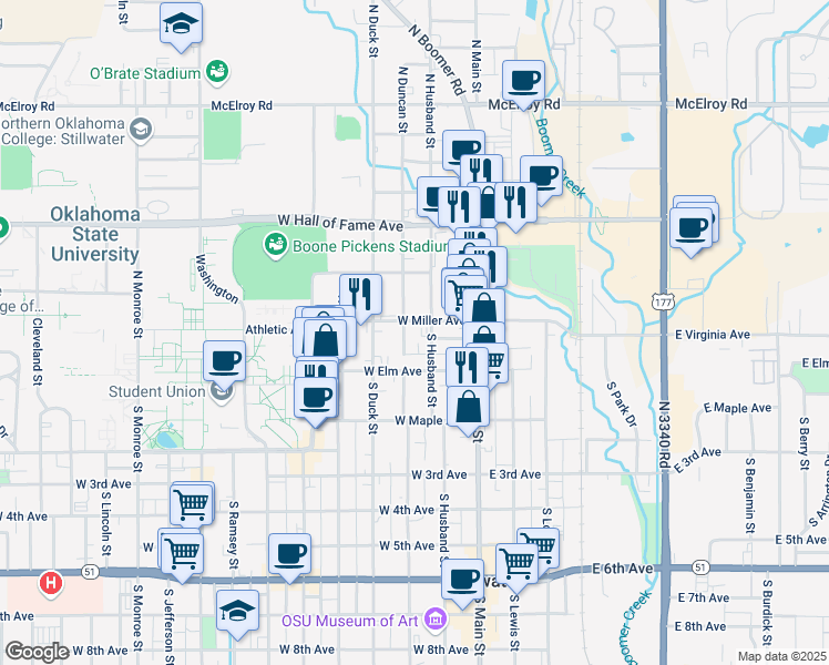 map of restaurants, bars, coffee shops, grocery stores, and more near 120 N3330 Road in Stillwater