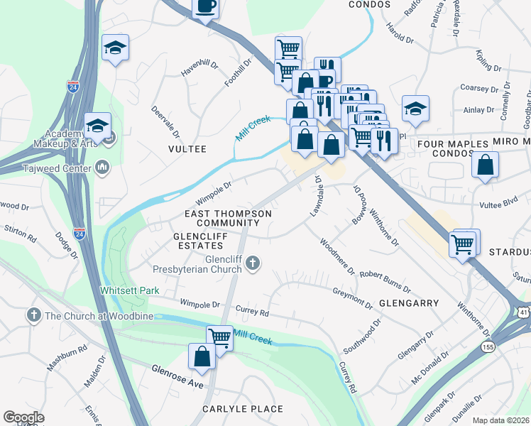 map of restaurants, bars, coffee shops, grocery stores, and more near 332 East Thompson Lane in Nashville