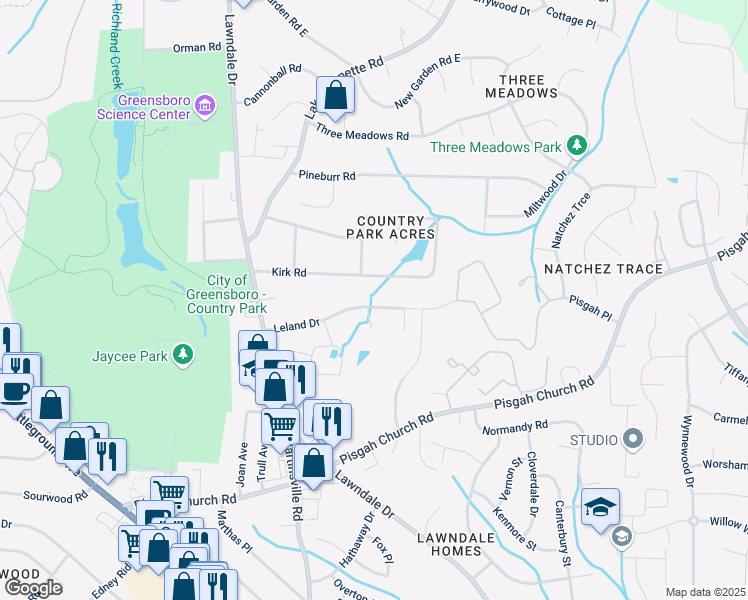 map of restaurants, bars, coffee shops, grocery stores, and more near 301 Leland Drive in Greensboro